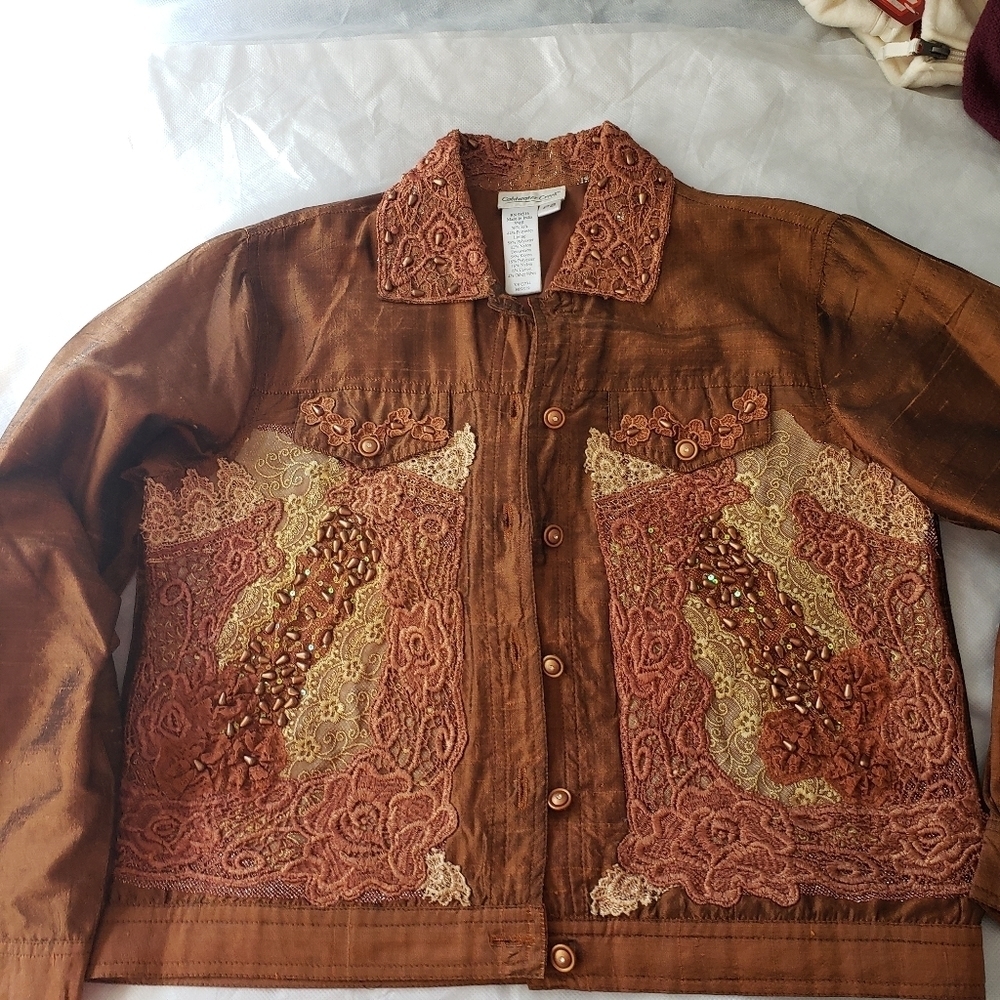 Coldwater Creek Bronze Lace & Bead Silk Blend Ornate Shimmering Jacket Size SP - Picture 5 of 9
